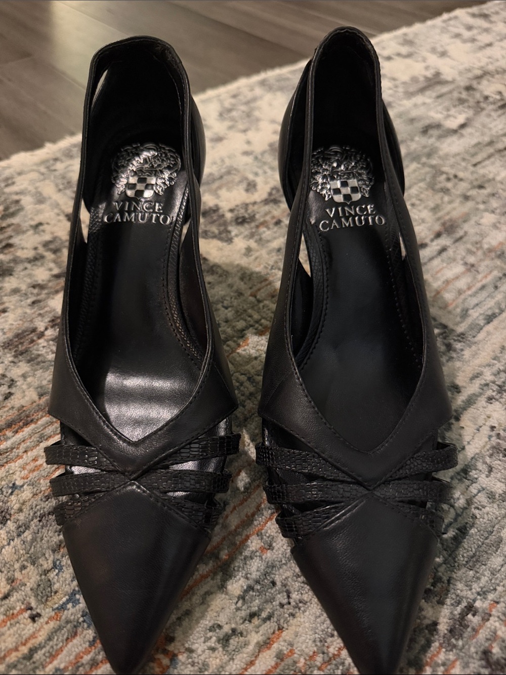 Vince Camuto Black Pointed Toe Strappy Leather Heels